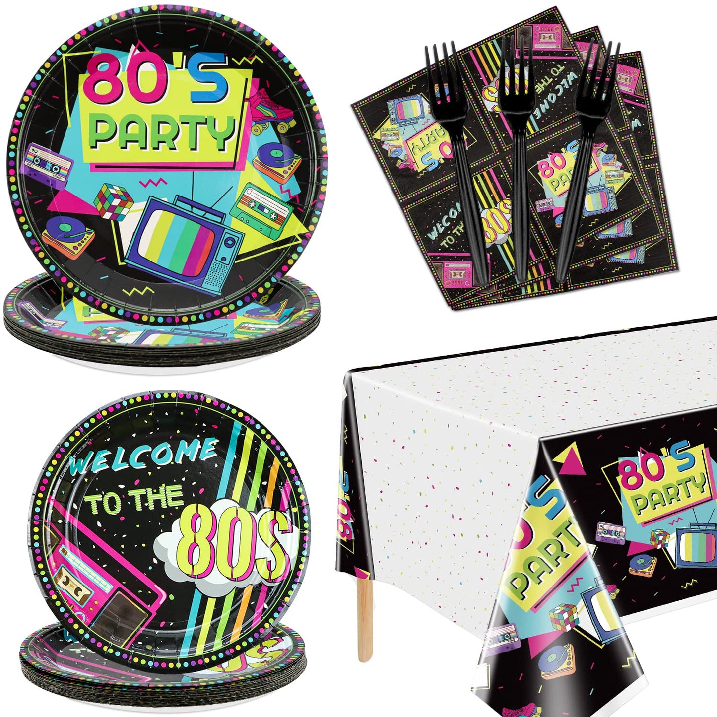 Hegbolke 80s Party Supplies - 20-81Pcs Plates, Napkins, Tablecloth, Forks Set for 80s Theme Birthday Party Decorations