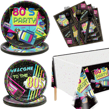 Hegbolke 80s Party Supplies - 20-81Pcs Plates, Napkins, Tablecloth, Forks Set for 80s Theme Birthday Party Decorations