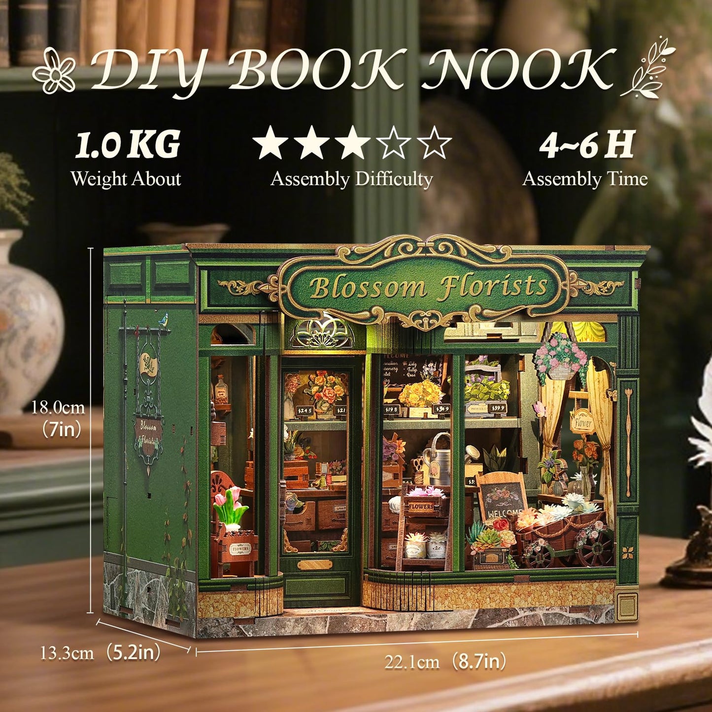 CUTEBEE Book Nook Kit  DIY Miniature House Kits for mature-themed and Teens  Dollhouse Booknook Tiny House  Bookshelf 3D Wooden Puzzle  DIY Craft Gifts for Family and Friends (Blossom Florists)