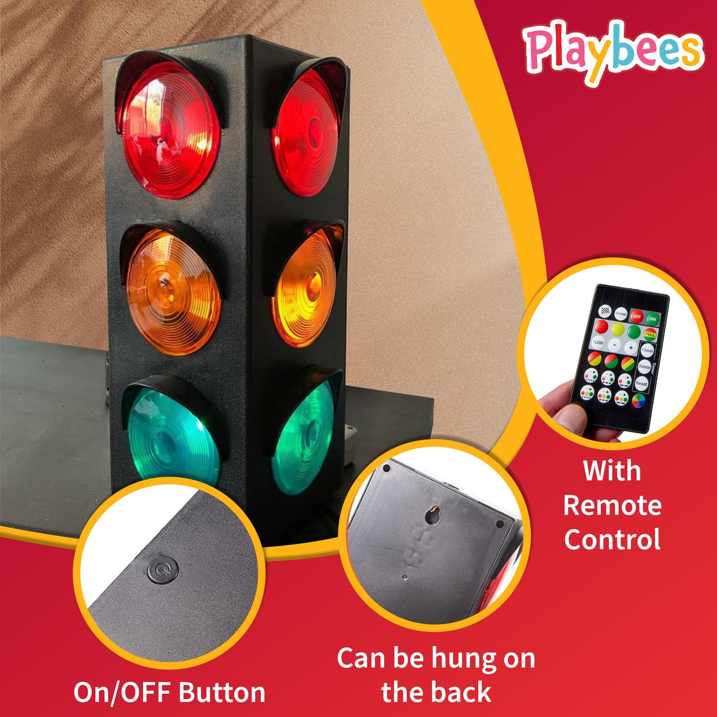 Playbees Traffic Light Lamp - USB 12.25" Blinking Modes, Plastic, Red/Green/Yellow, Ideal for Kids' Bedrooms and Pretend Play