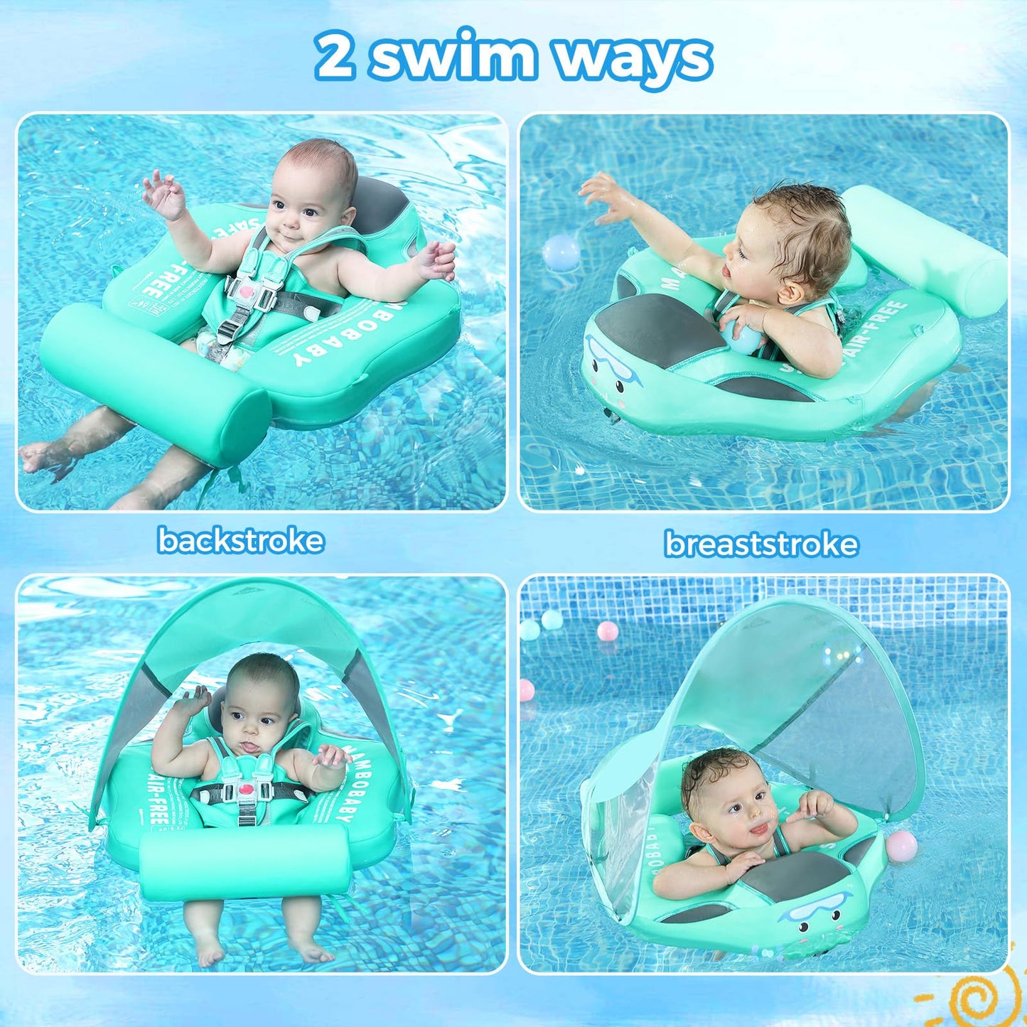 Mambobaby Non-Inflatable Baby Pool Float with Tail and Canopy UPF 50+ Sun Protection No Flip Over Infant Swim Float Skin-Friendl