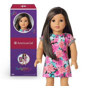American Girl Truly Me 18-inch Doll #124 with Brown Eyes, Black-Brown Hair, Lt-to-Med Skin, T-shirt Dress, For Ages 6+, Floral