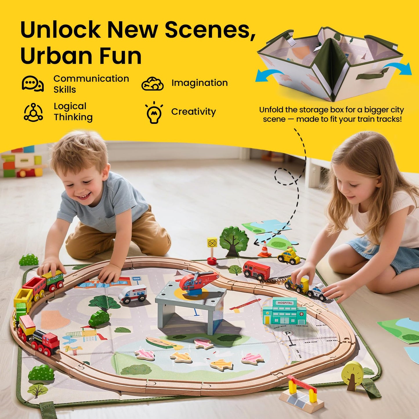 Tiny Land 110pcs Wooden Train Set with Folding Storage Box, Wooden Train Track Toy for Boys & Girls, Age 3-7, Includes Convenien