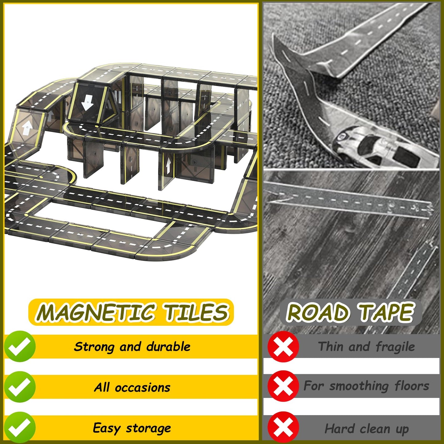 Benoker Magnetic Tiles Road Set, Stem Magnet Building Blocks For Toddler Kids, Montessori Educational Toy Gifts For 3+ Year Old