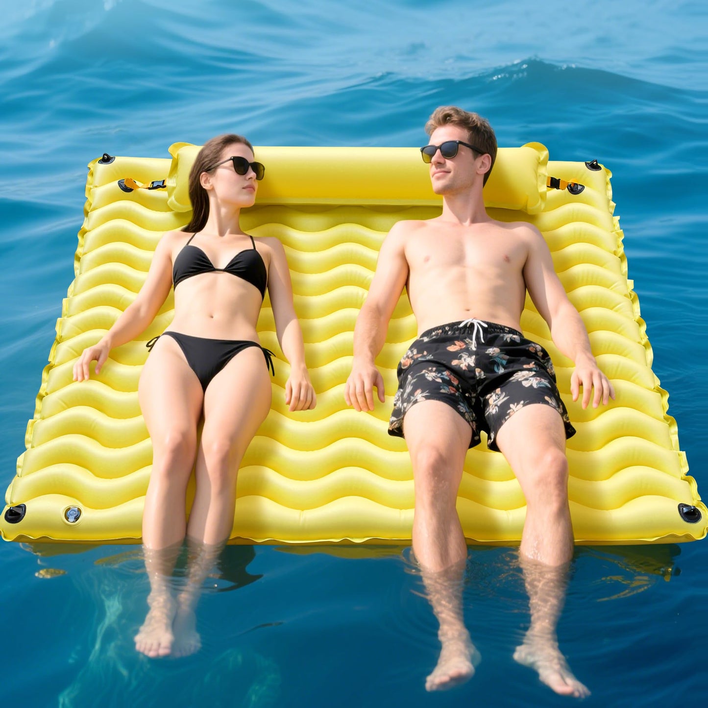 Inflatable Floating Mat/Raft/Dock/Platform, Float with Non-Slip Wave Pattern and Dual Headrest, Multi-Person Water Floating for 