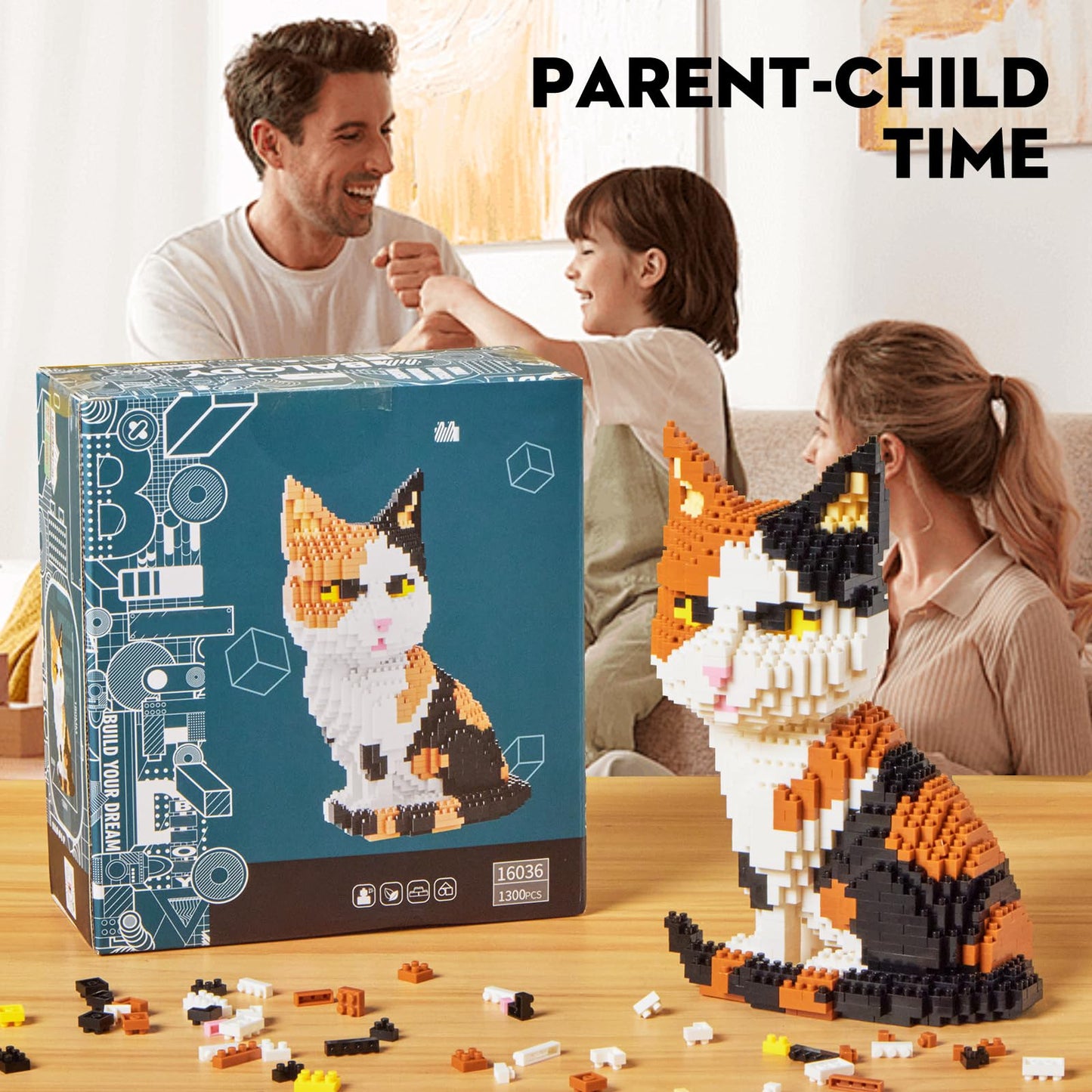 GaoDeBuChou Cat 3D Micro Puzzle Building Block Set, 1300 PCS, Calico, Medium, STEM Gift for Ages 8-14