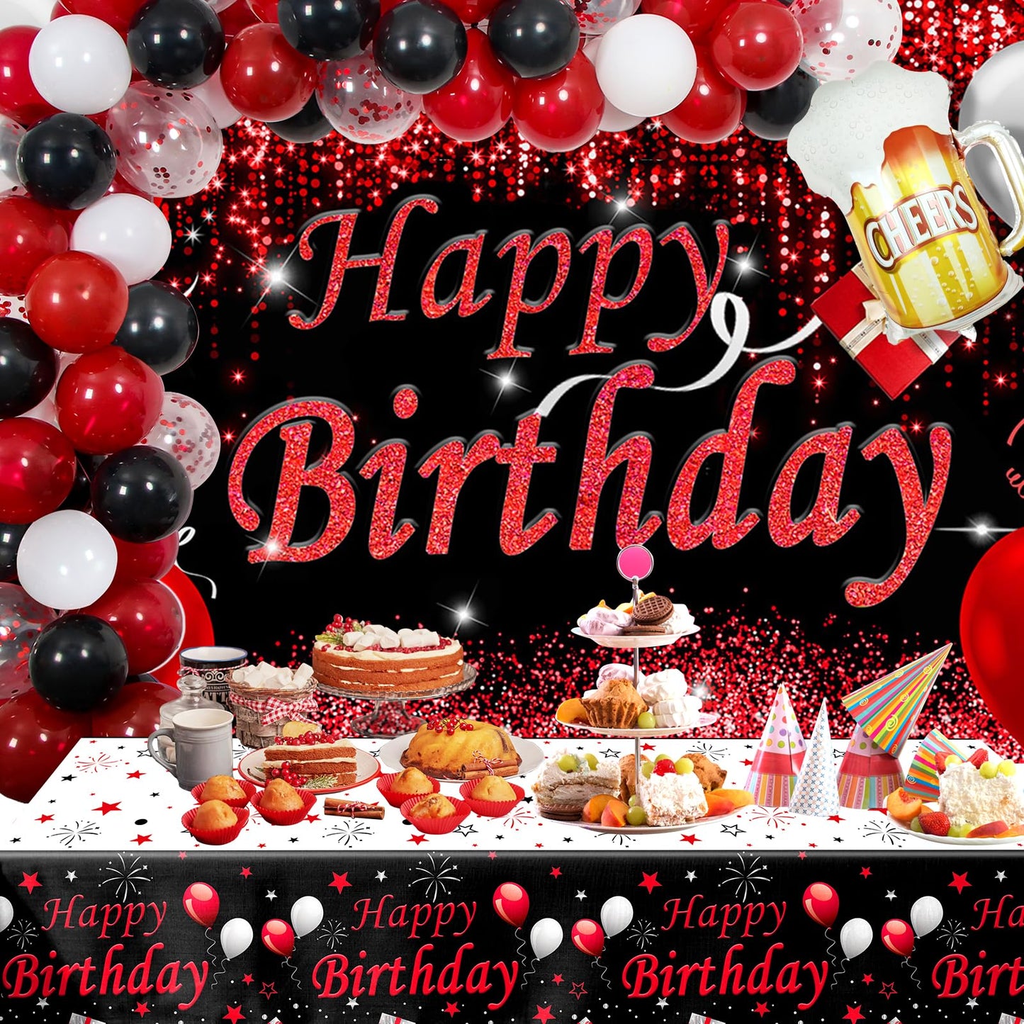 Red And Black Party Decorations, Happy Birthday Decorations For Men Women With Photography Backdrop & Tablecloth Balloons Arch Kit Banner Birthday Party Supplies Bday Decor With Table Cover