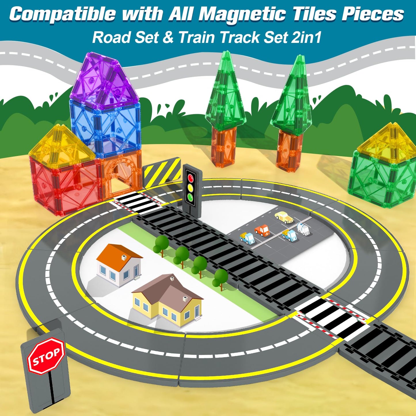Magnetic Tiles Road & Train Track Expansion Pack Magnetic Building Blocks Construction Toys Kids Toys For Ages 3-12 Boys Girls Building Toys Includes Road Tracks, Traffic Lights, Parking Spot