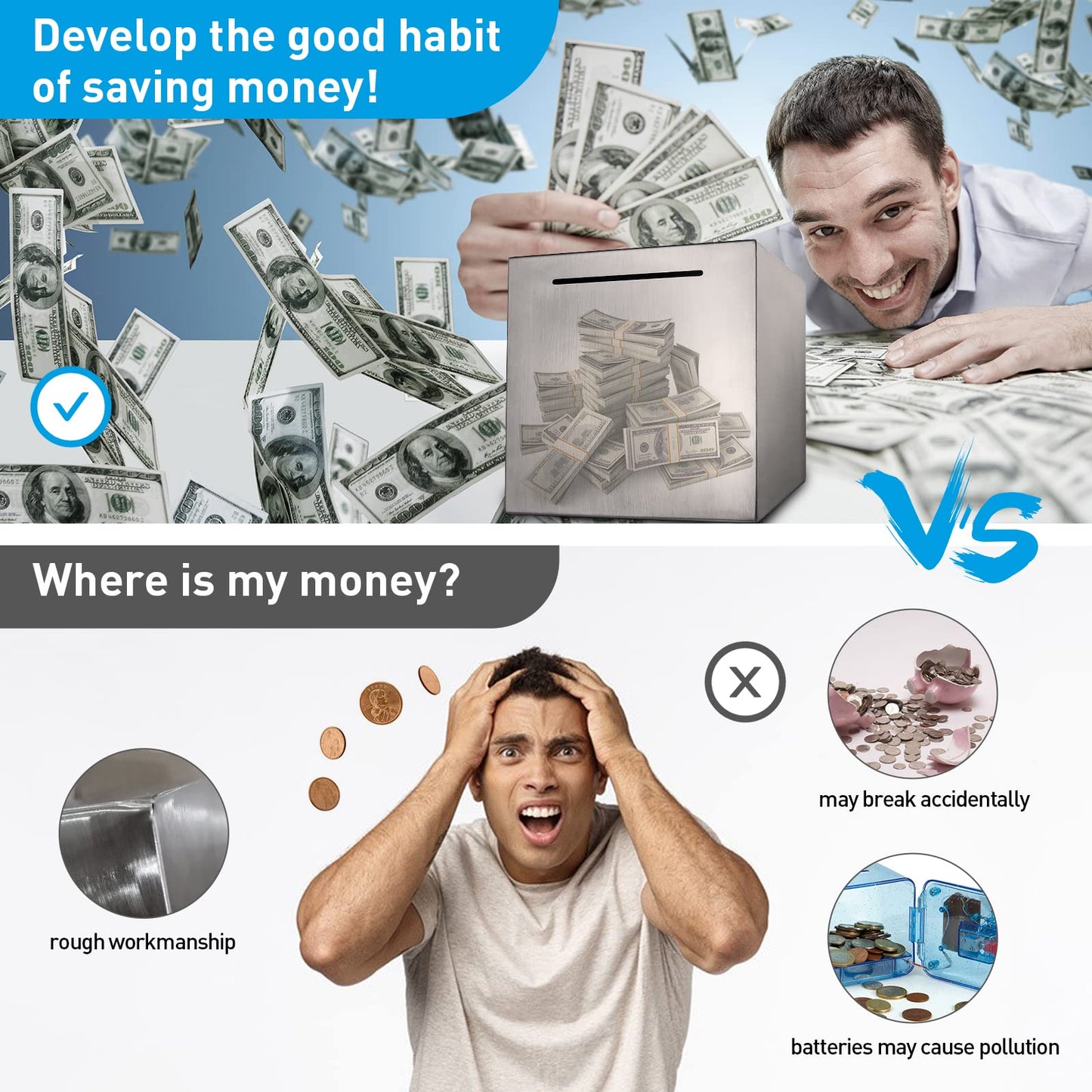 Stainless Steel Safe Piggy Bank For Adults (5.9 Inch)