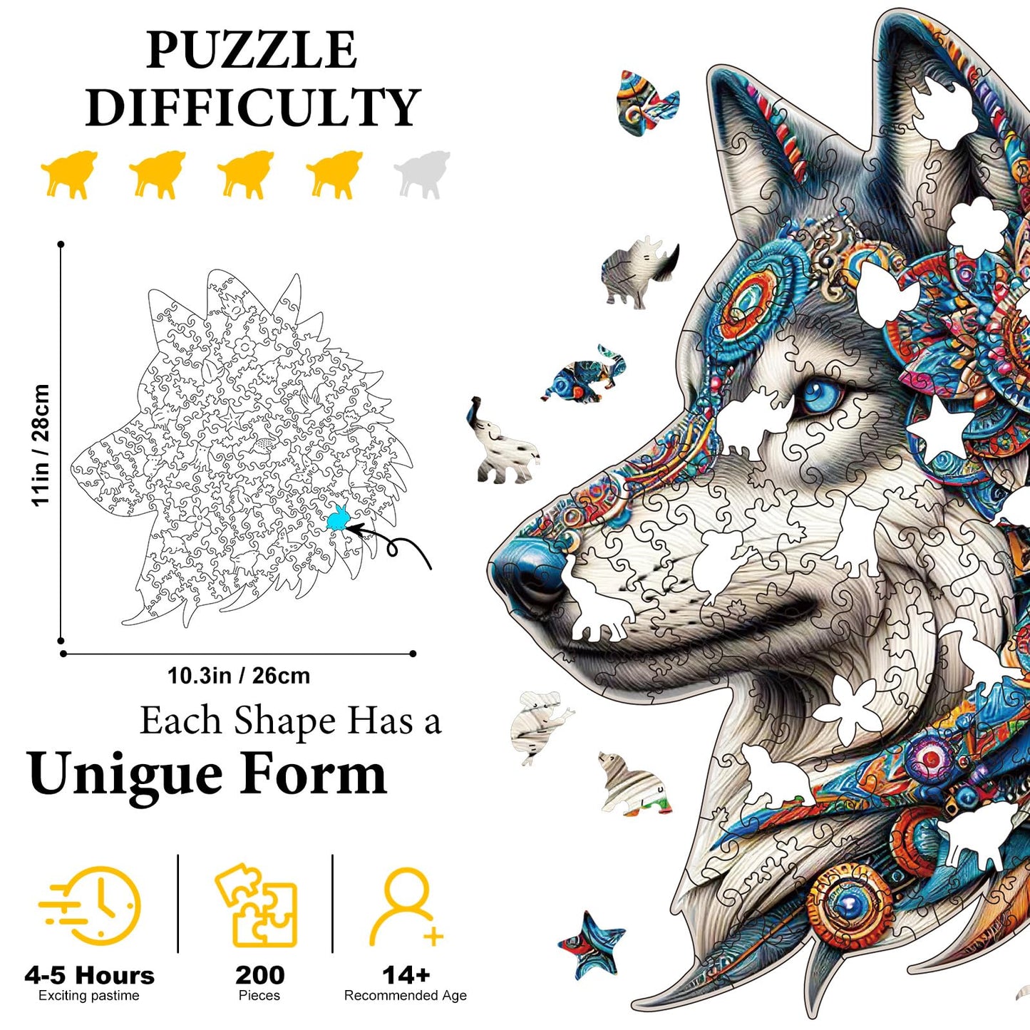 Amphol Wooden Jigsaw Puzzles For Adults, Wolf Medium 11''X10.3'' Wooden Puzzles With Unique Shape, 200 Pieces Wooden Puzzles Wit