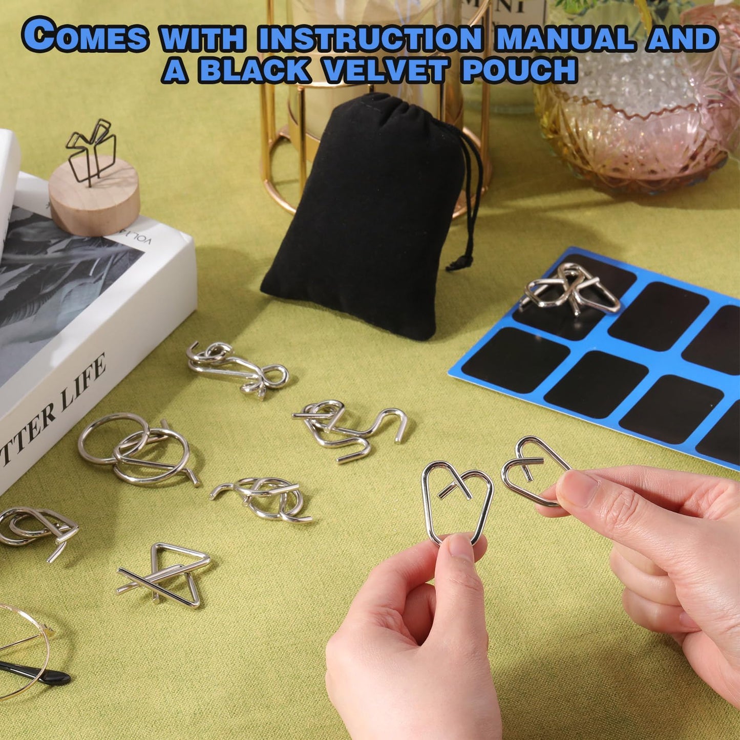 Yilloog Metal Wire Puzzle Set Of 8 With Pouch, Brain Teaser Puzzles Iq Test Puzzle Ring Disentanglement Unlock Interlock Game Tr
