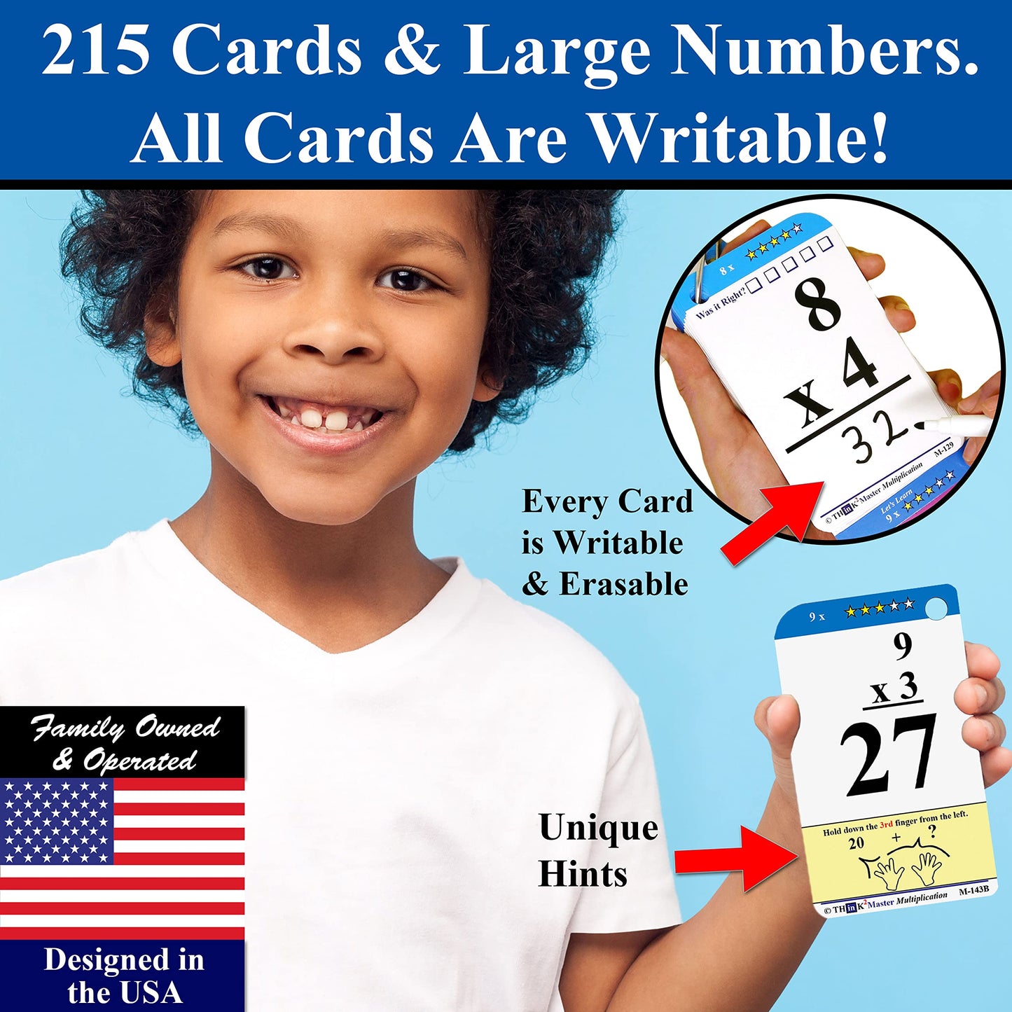 THINK2MASTER Multiplication Flash Cards - 215 Laminated Cards, 2 Dry Erase Markers, 5 Rings, Designed by a Teacher for Test Success