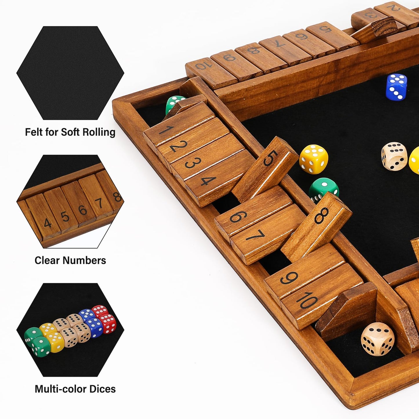 Vamslove 12 Inches Shut The Box Dice Game Wooden Board Table Math Game With 8+4 Dice For 2-4 Player, 4 Sided 10 Numbers Close The Box For Kids Adults(Instructions Included)