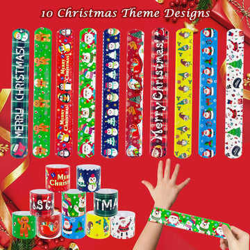 Junebrushs 56 Pack Christmas Slap Bracelets For Kids Xmas Slap Bands Wristband Christmas Party Favors Snap Bracelets Bulk For Bo