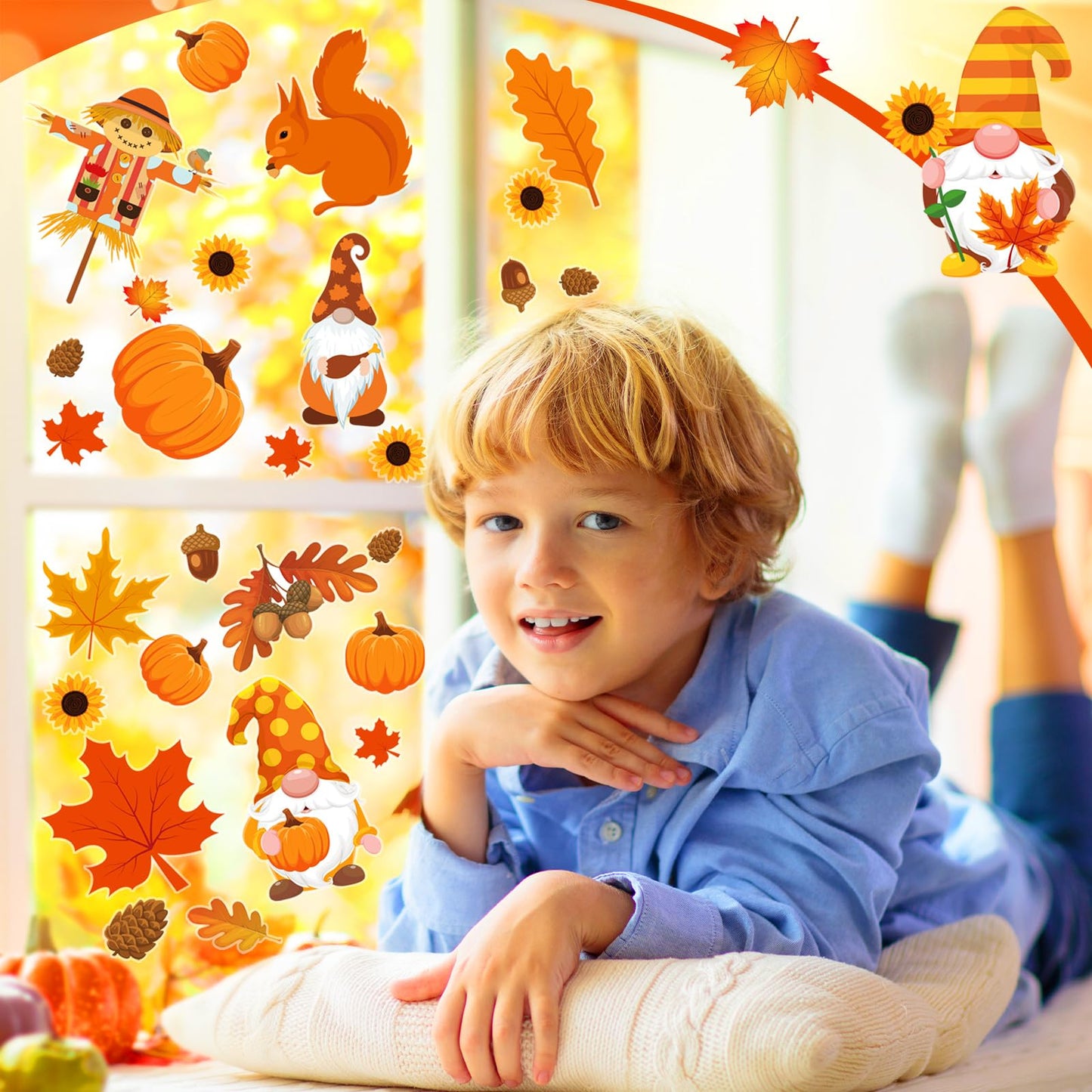 Motipuns 2 Sheet 64 Pcs Thanksgiving Gel Window Clings Fall Thick Gel Cling Removable Reusable Autumn Harvest Window Sticker Pum