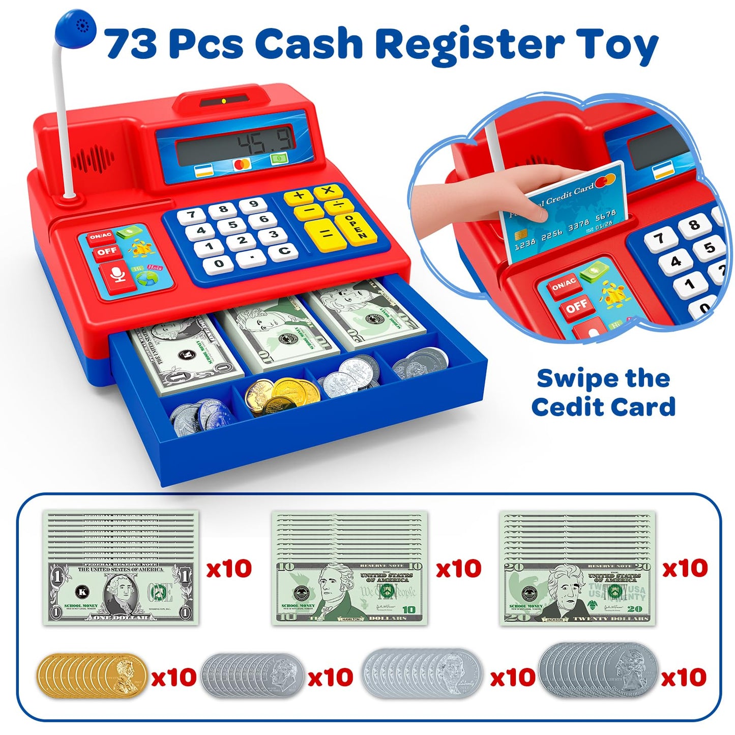 Pretend Play Calculator Cash Register - 73 Pcs Toy Cash Register, Microphone, Credit Card and Banking for Kids, Early Math Skill