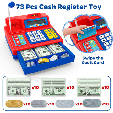Pretend Play Calculator Cash Register - 73 Pcs Toy Cash Register, Microphone, Credit Card and Banking for Kids, Early Math Skill