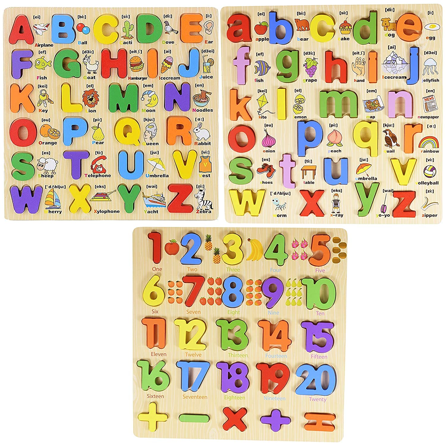 Authfort New 3D Wooden Capital & Small Alphabet Along With Number Board Puzzles,Set Of 3 Montessori Educational Learning Letters