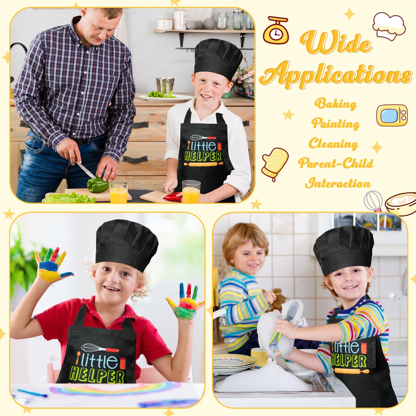 R HORSE 2Pcs Kid Apron and Chef Hat Set Adjustable Children Black Kitchen Apron Dress up Role Play Chef Toy Cooking Baking Paint