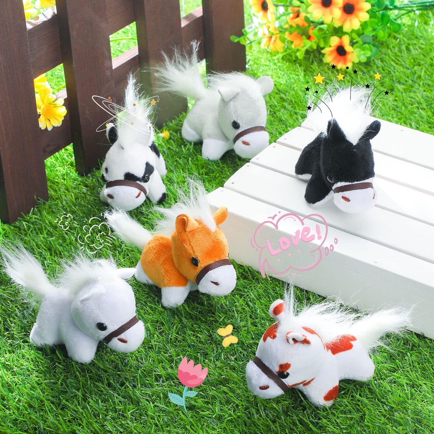 Aoriher 24 Pcs Horse Plush Stuffed Animal Mini Keychain Toys 3.15 Inch Party Favor With Detachable Chain For Farm Themed Birthday Party Favors Supplies(Horse Style)