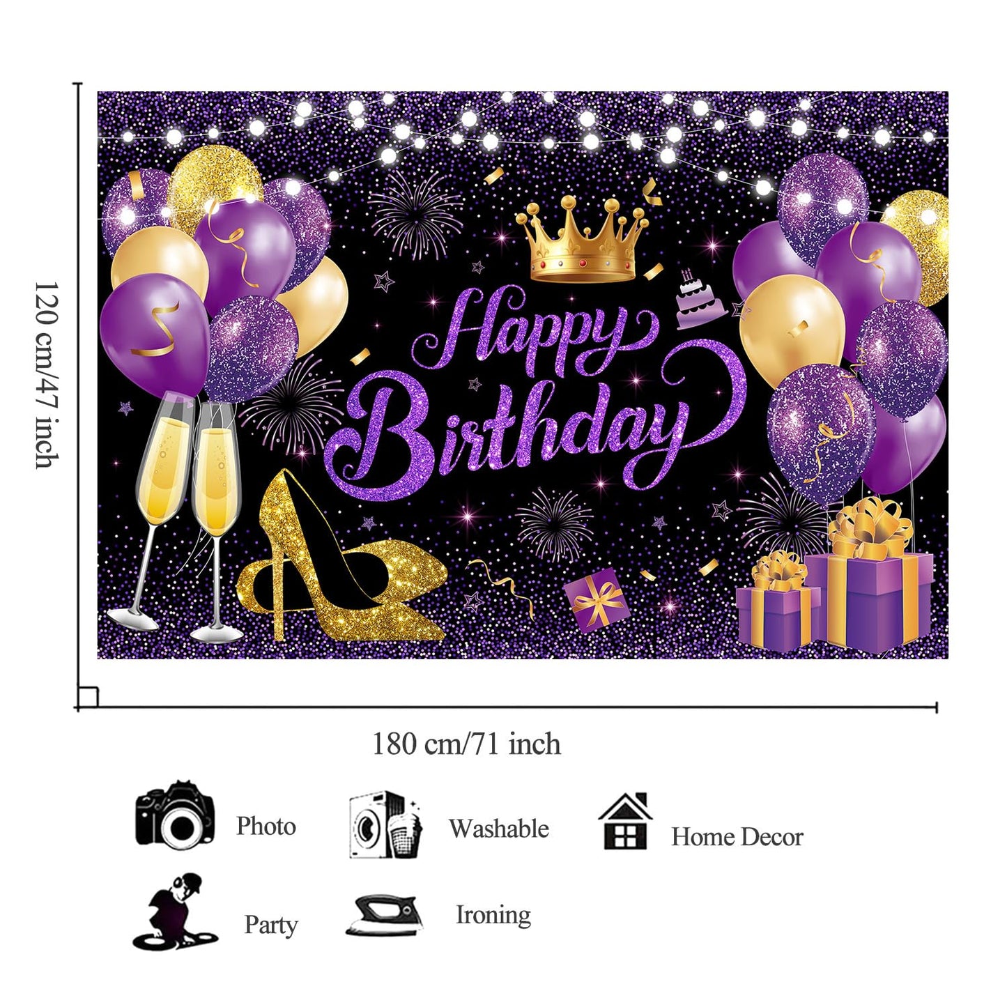 YinQin Backdrop - Happy Birthday Party Cloth 180x120 cm, Purple Gold Glitter, Photography Background for Women and Girls