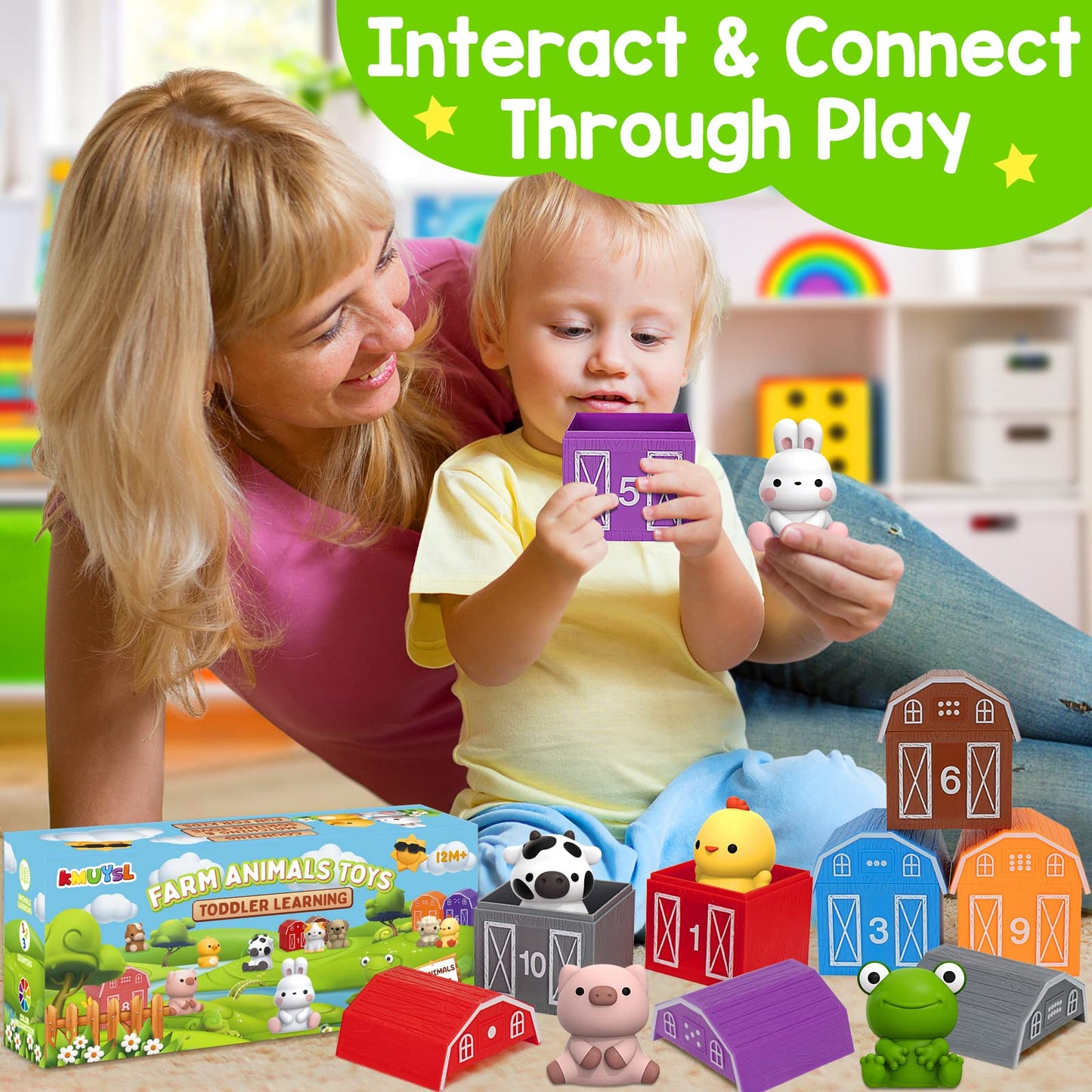 KMUYSL Farm Animals Playset for Toddlers, Multi-color, Medium Size, Educational Counting & Color Matching Toy for Ages 1-3