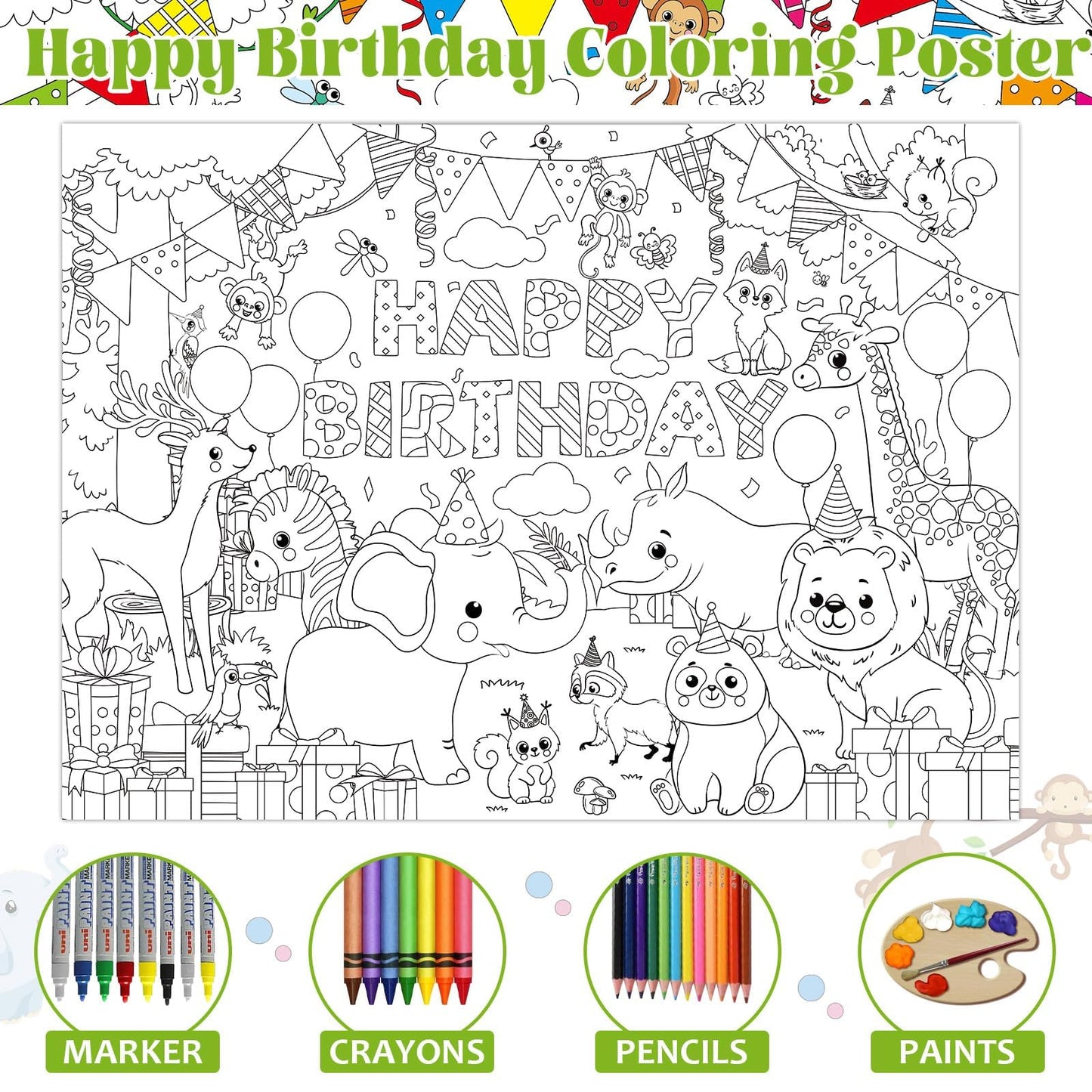 Naozinebi Safari Animals Party Coloring Poster For Kids Giant Coloring Poster Large Jungle Animals Coloring Tablecloth Jumbo Col