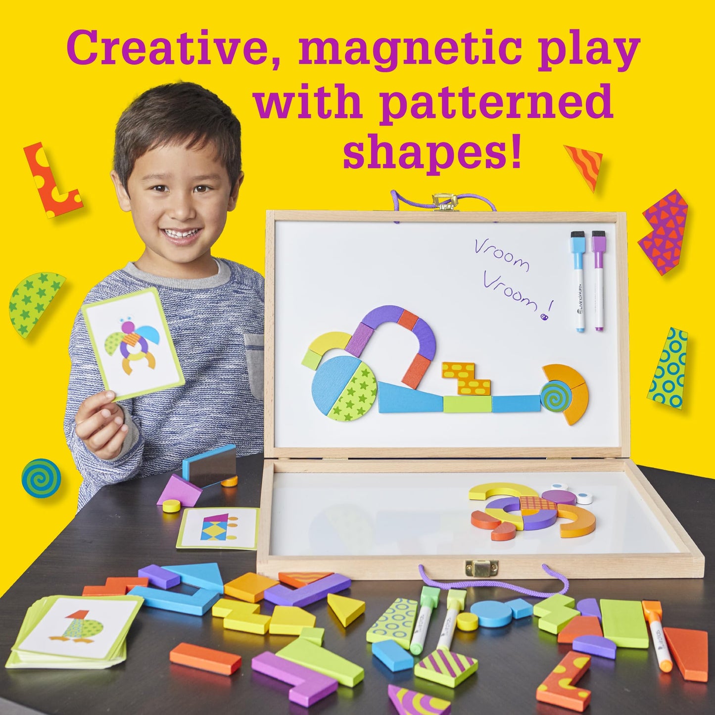 Mindware Imagination Magnets Patterns Deluxe - Includes Wood Carrying Case, Dry-Erase Markers, 60 Magnetic Blocks And 60 Puzzle Cards