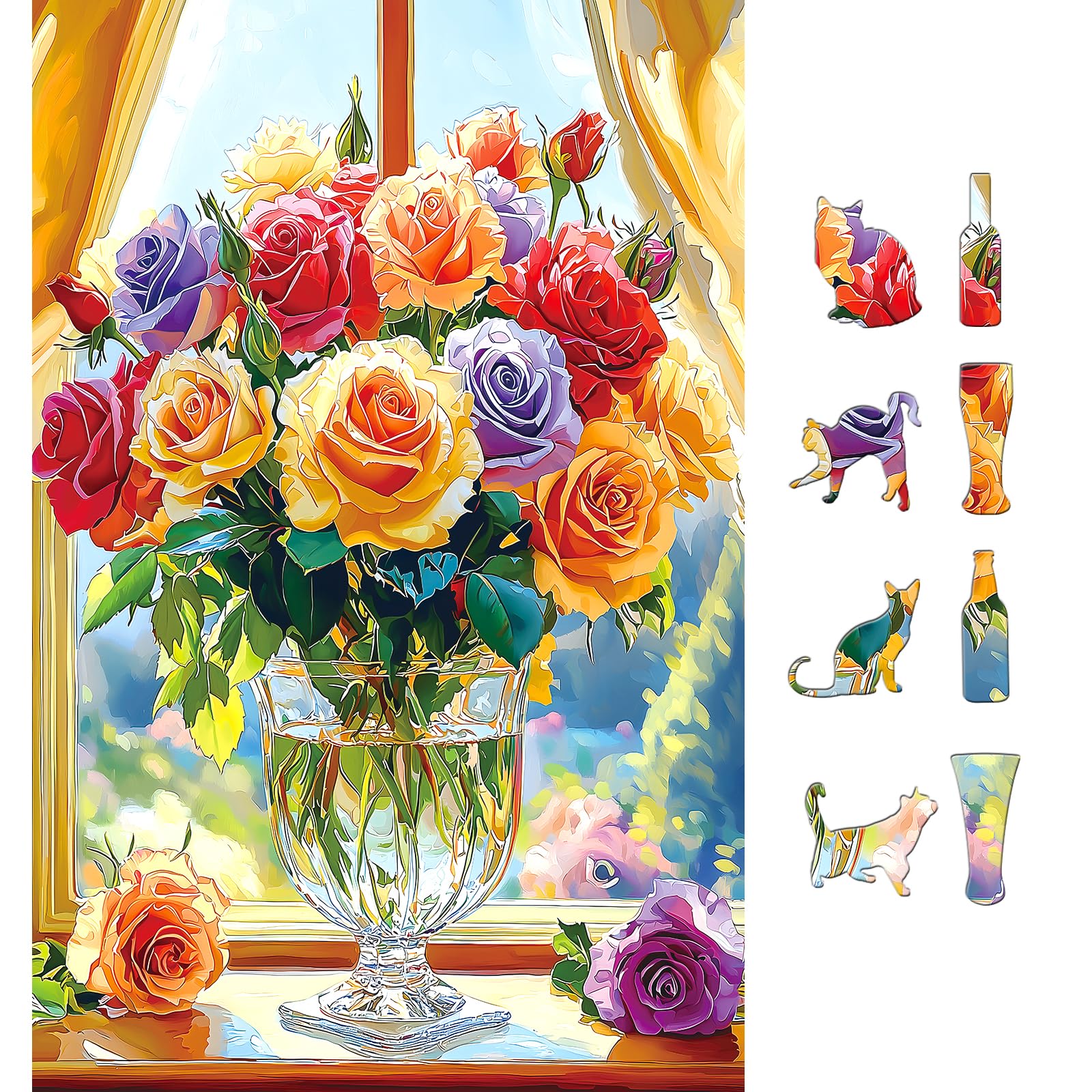 MINIWAN 500-Piece Jigsaw Puzzle for mature-themeds - Colorful Roses in Glass Vase  23x15 Inch Challenging Puzzle  Floral Puzzle for mature-themeds & Teens  enhanced Thick Cardboard Pieces with Reference Poster