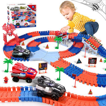 KaeKid Spider Race Track for Boys 3-8, 212PCS Race Car Track with 2 Spider Cars, DIY Flexible Track Playset, Toddler Toys Birthd