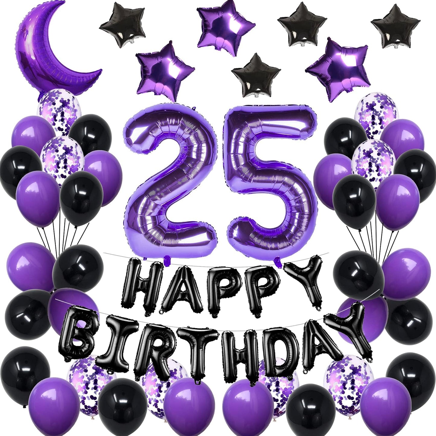 25Th Birthday Decorations For Women Men, Purple Black 25 Happy Birthday Balloons With Purple Number Balloons 25 Happy Birthday B