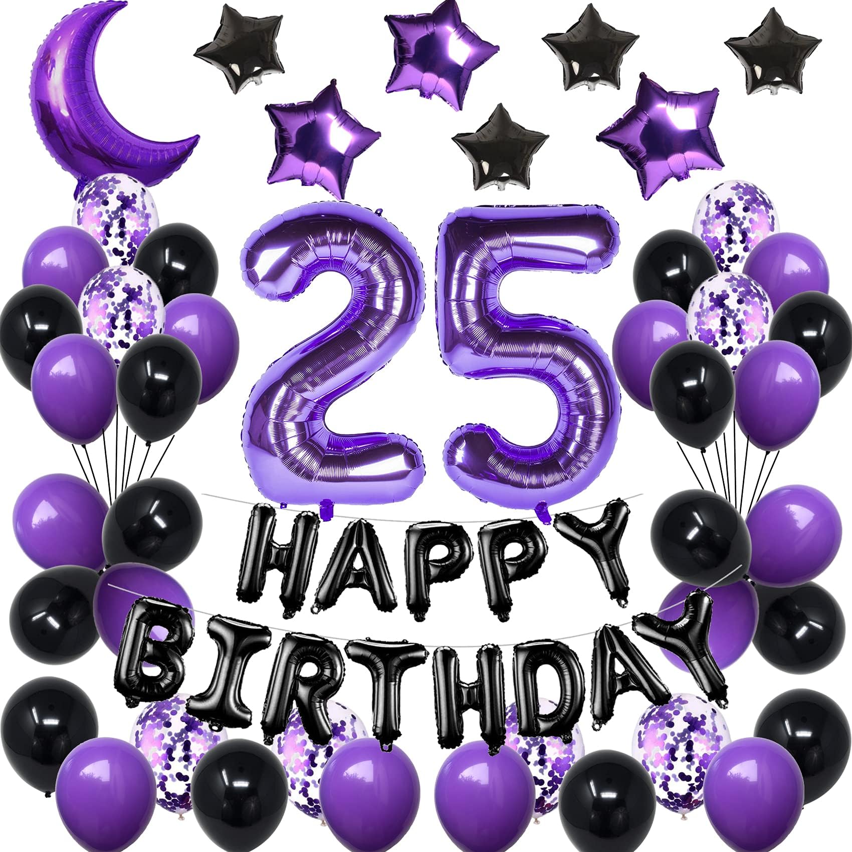 25Th Birthday Decorations For Women Men, Purple Black 25 Happy Birthday Balloons With Purple Number Balloons 25 Happy Birthday B
