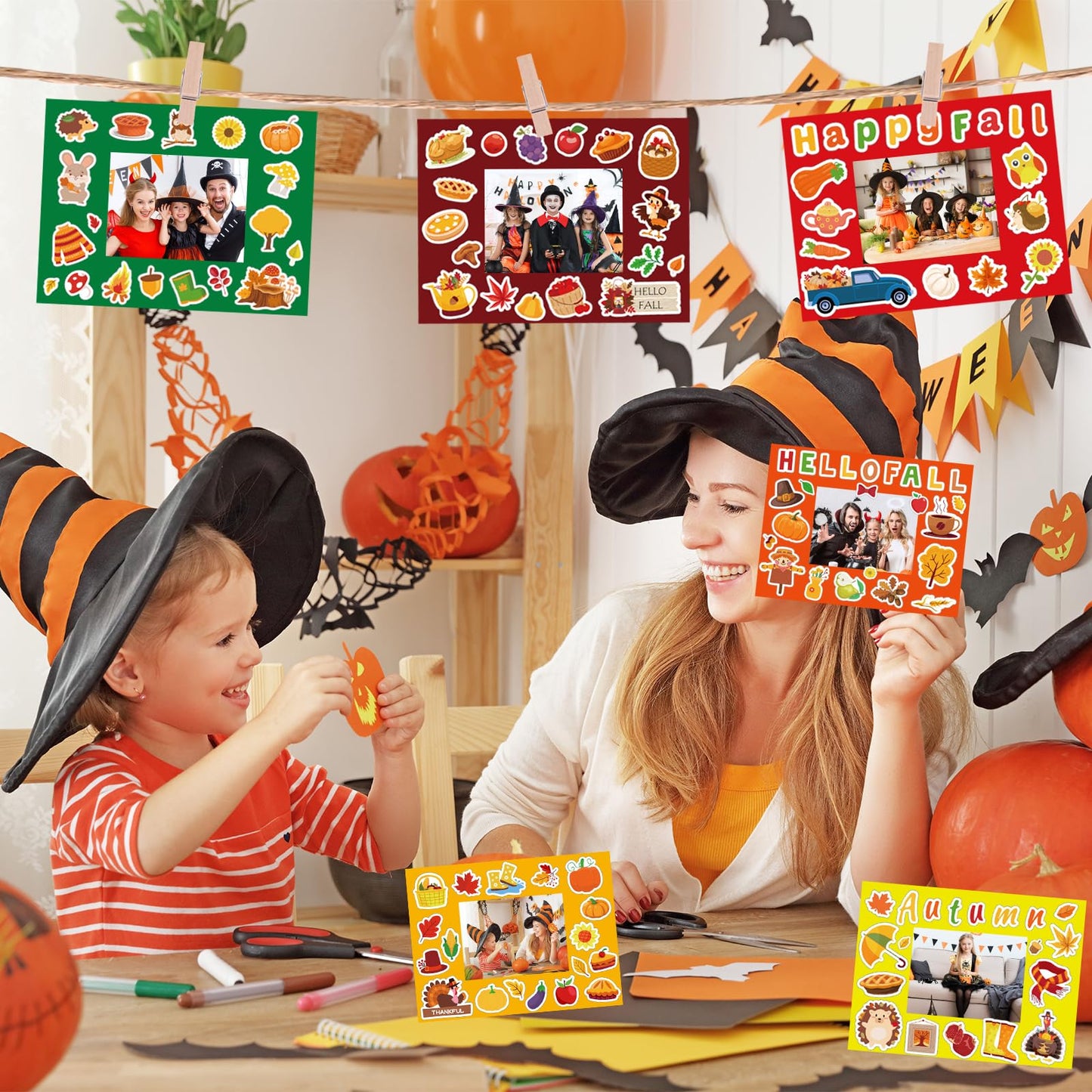 Winmany 72-Piece Thanksgiving Halloween DIY Photo Frame Craft Kit Holiday Picture Frame Set with Stickers and Clips for School A