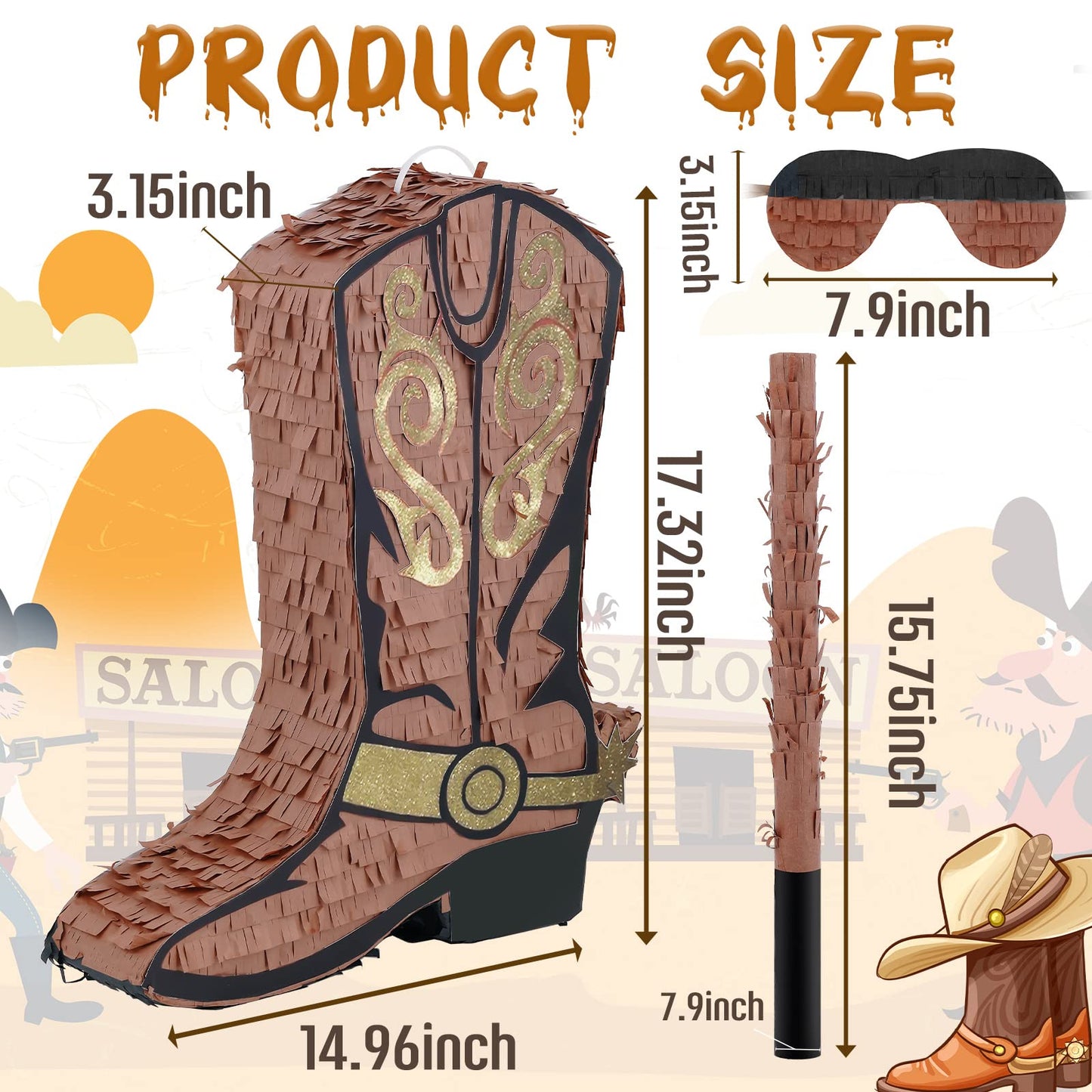 Deekin Cowboy Boot Piñata Set - 3 Pcs, Brown Paper, Includes Stick & Eye Mask for Kids Birthday Party & Bridal Shower Decorations