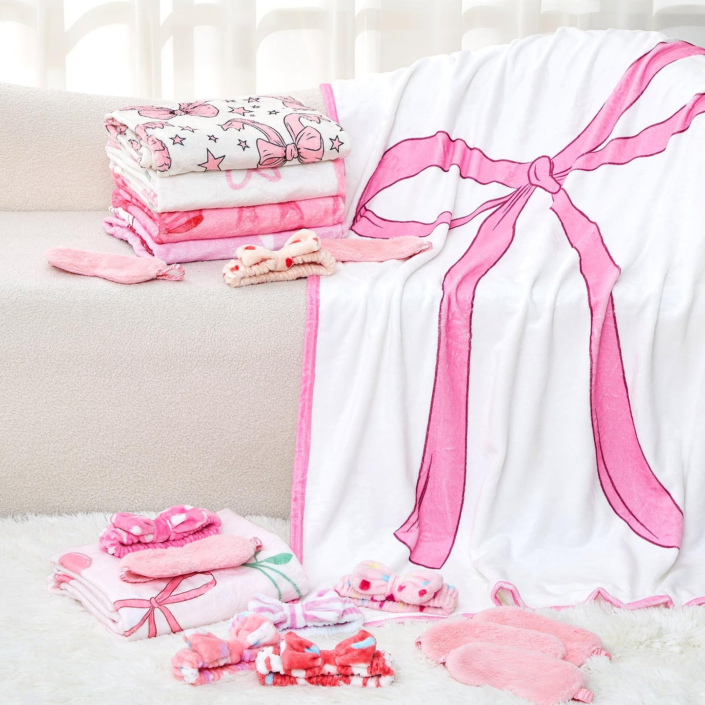 Fanfanwin 18 Pcs Sleepover Party Supplies for Girls, 6 Style Cute Pink Bow Blanket 6 Coral Fleece Spa Headband 6 Plush Pink Eye
