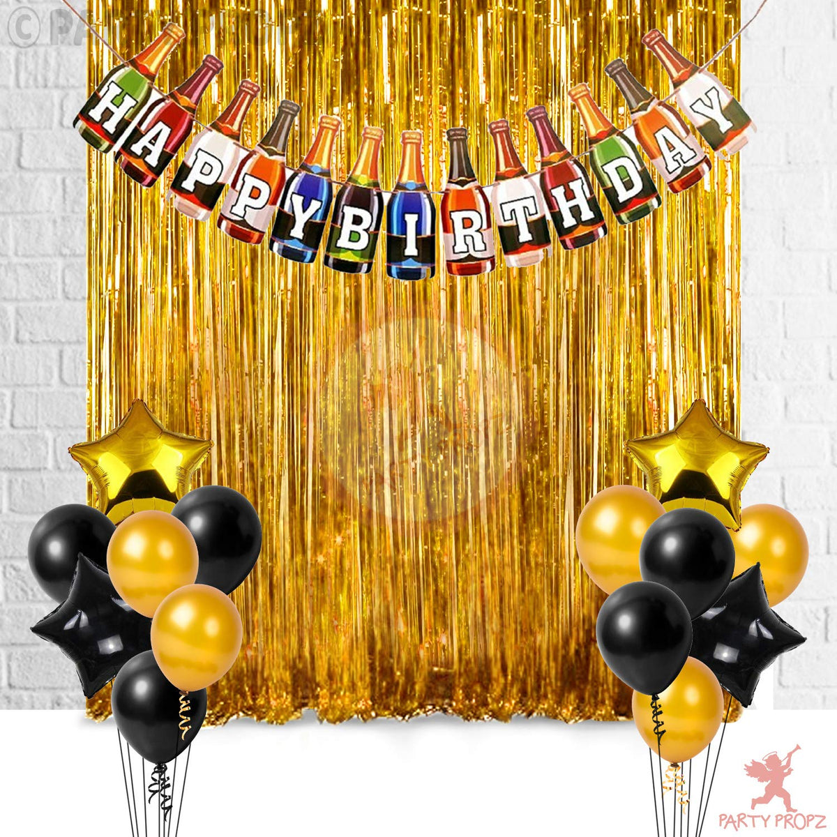 Party Propz 17Pcs Birthday Decoration Combo For Happy Birthday Banner (Cardstock), Golden Foil Curtain, Party Supplies For Husba