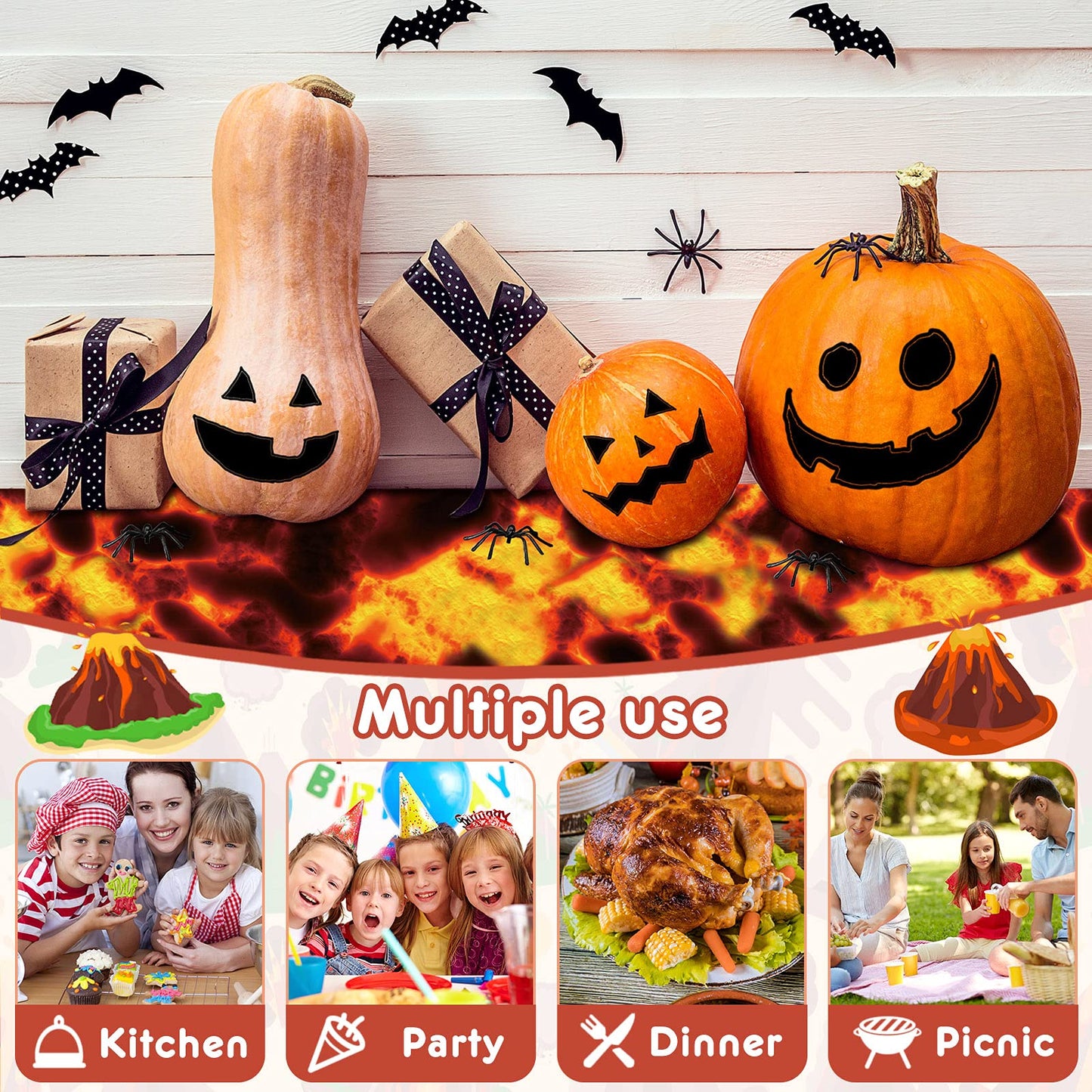 Irenare Lava Tablecloth 3-Piece Set, Waterproof Plastic, 4.3 ft x 7.2 ft, Halloween Volcano Design, Oil Resistant Party Supplies