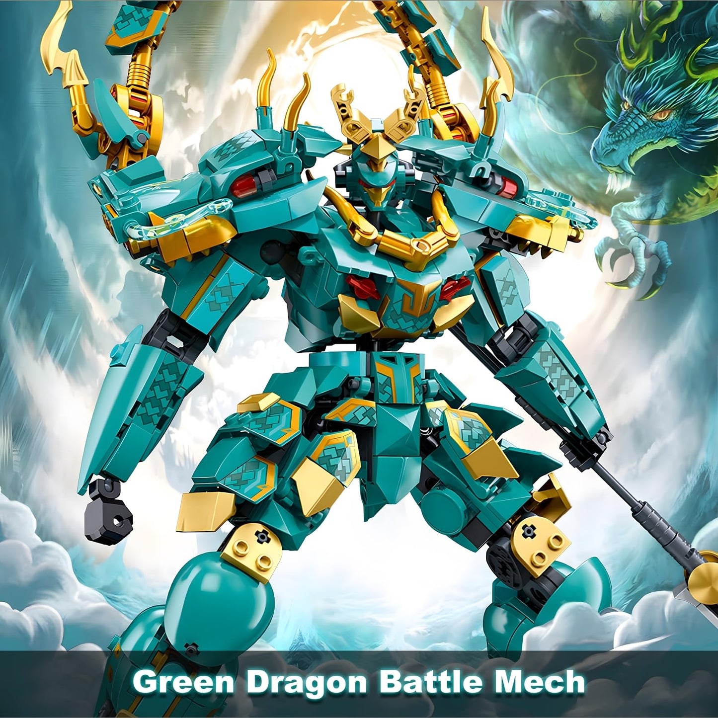 HIGH GODO Mech Robot Building Blocks Set - 704 pcs Green Dragon Warrior Model Kit for Teens, Plastic Collectible Gift