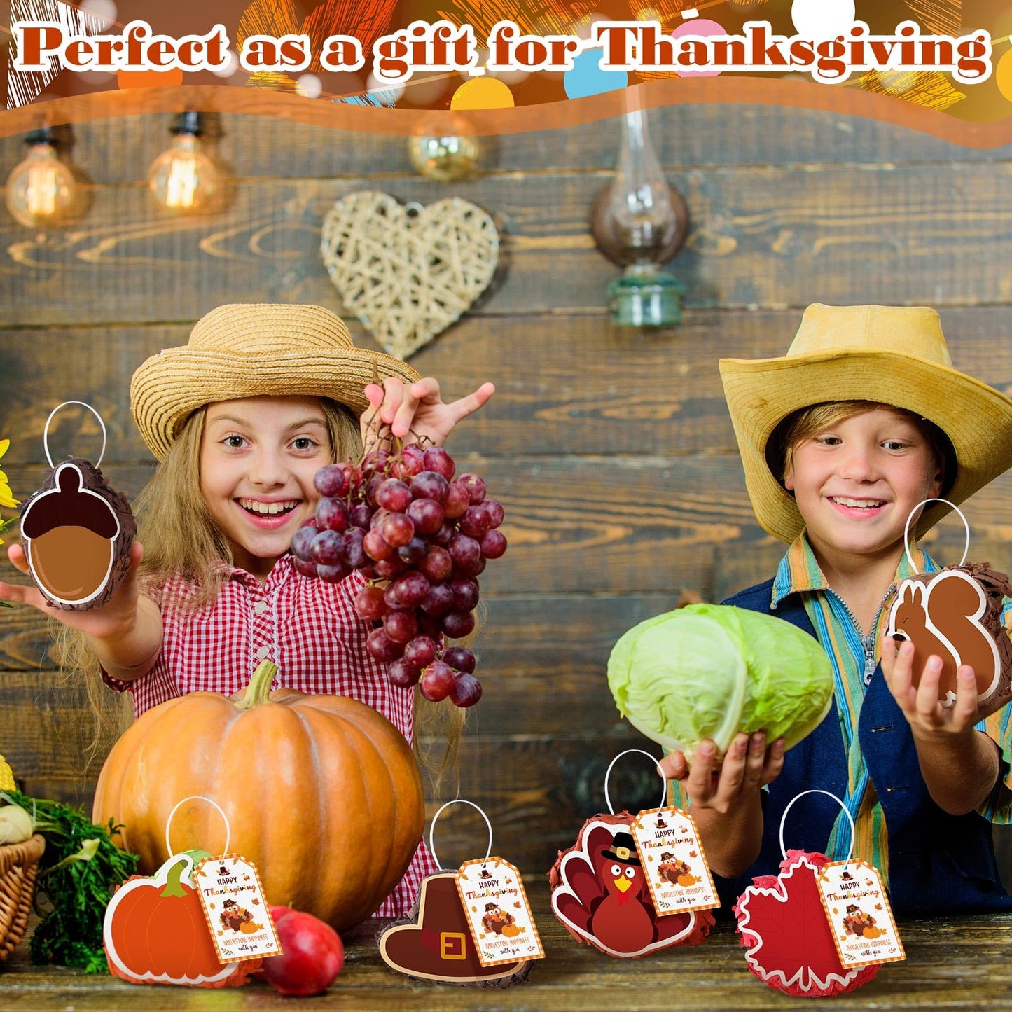 Poen 6 Pcs Thanksgiving Mini Piata Mini Turkey Squirrel Pine Cones Pumpkin Maple Leaves Piata with Greeting Card for Thanksgivin