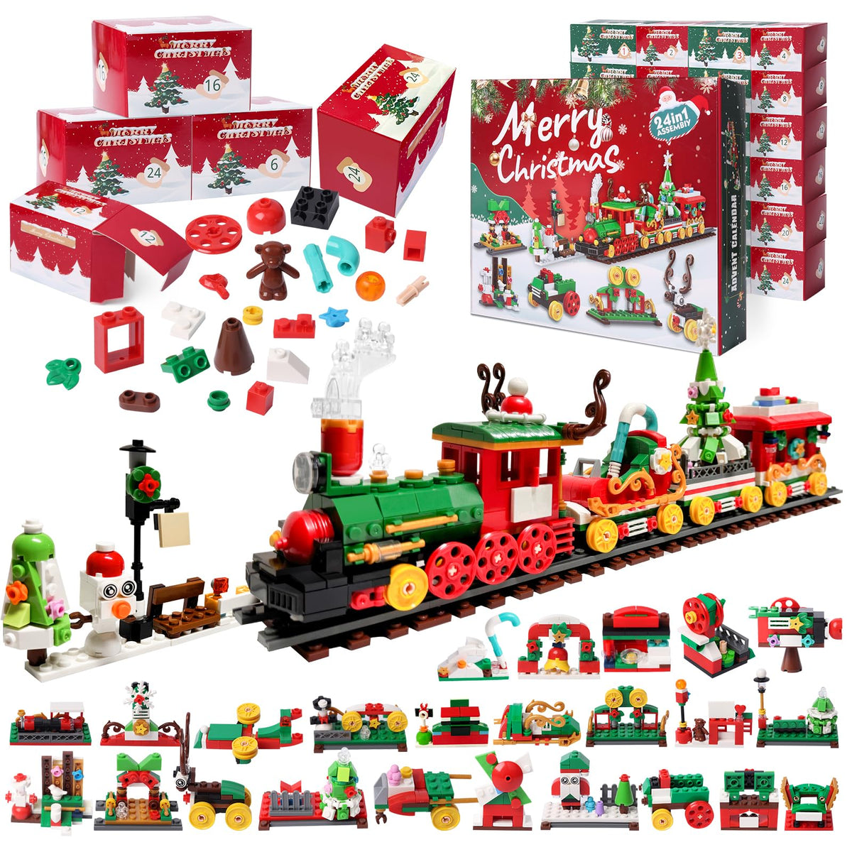 Advent Calendar 2025 Train Building Blocks Set, 24 Boxs Surprise Christmas Countdown Toy Building Kits