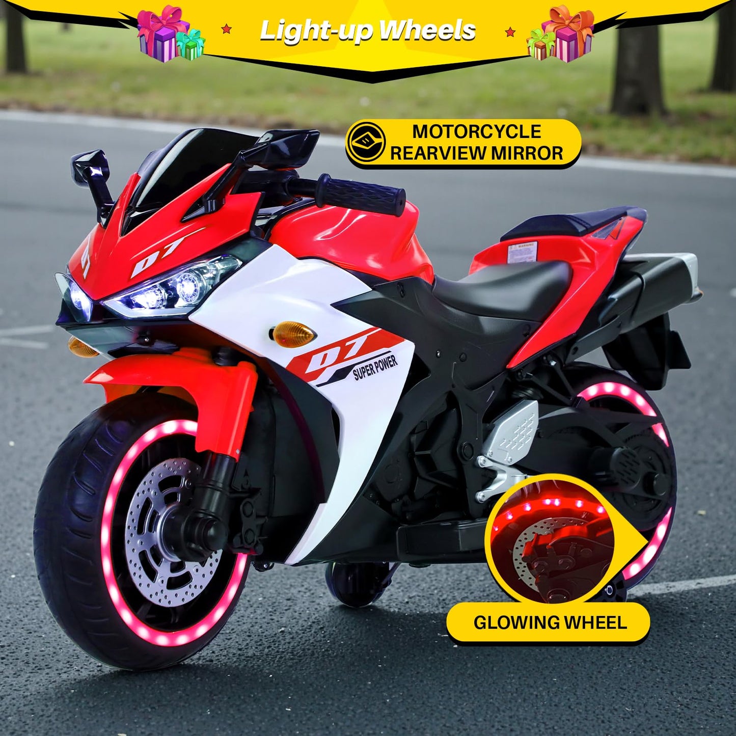 Blitzshark 12V Electric Motorcycle  Kids Motorcycle with Training Wheel  7AH Battery Ride On Motorbike for Kids  3.2 MPH Max Speed  Twist Grip Throttle  Soft Tires Extra Long Seat  Red and White