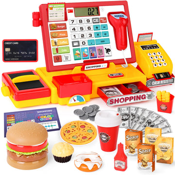 maysida Cash Register Toy for Kids, Pretend Play Store with Fast Food Burger/Scanner/Credit Card/Play Money/Microphone Birthday 