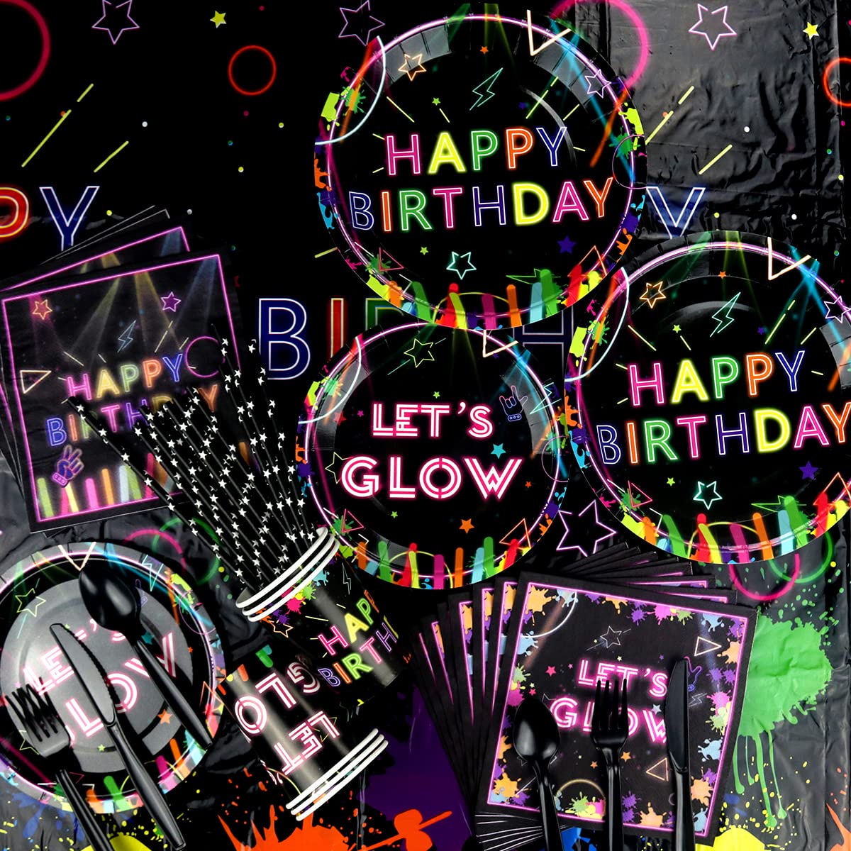 Glow Neon Party Supplies - Glow In The Dark Birthday Let'S Glow Backdrop Banner, Plates, Glow Sticks, Tablecloths, Cups, Napkins, Neon Balloons, For Blacklight Party Decorations Serves 20 (Set A)
