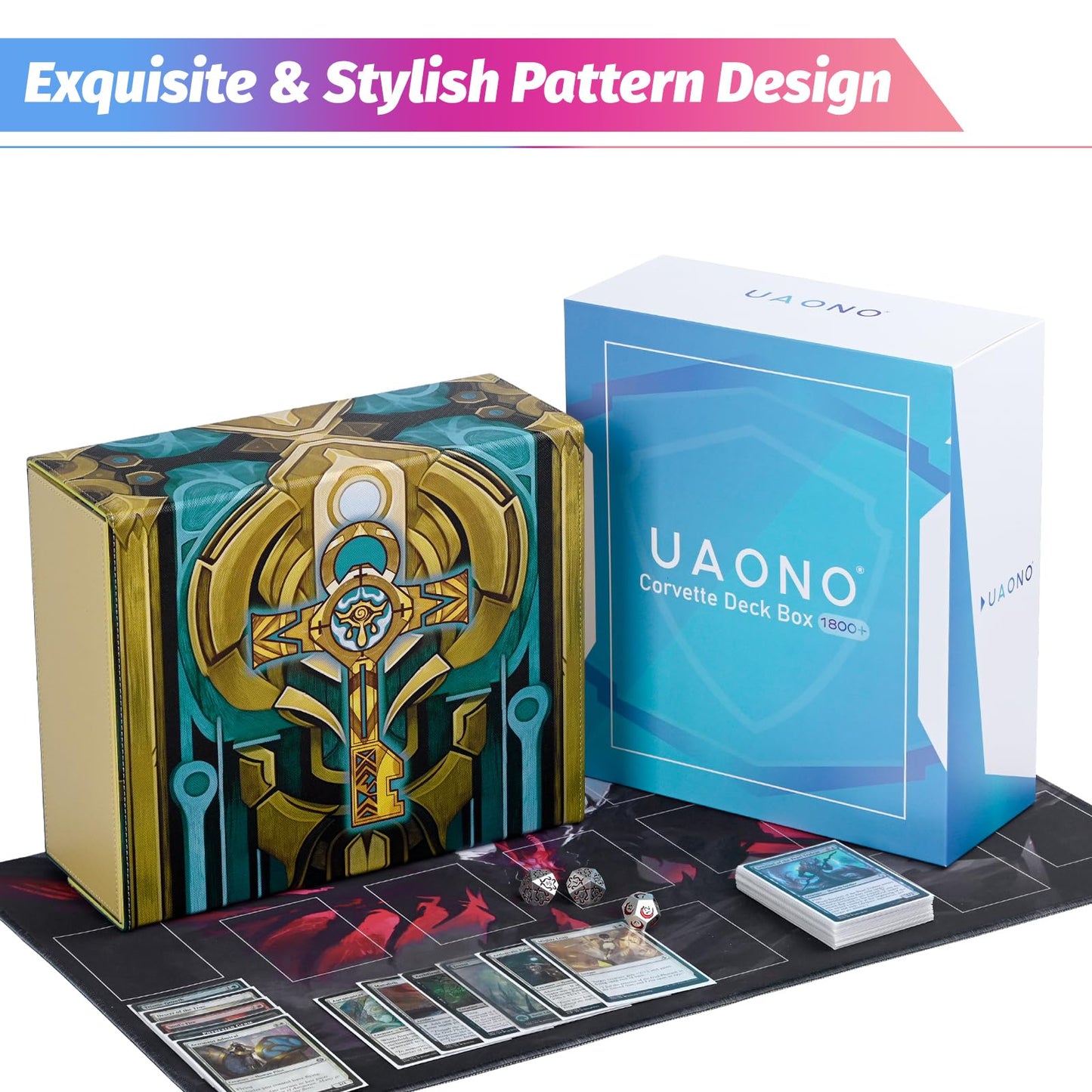 Uaono Card Storage Box For Mtg, Trading Card Deck Box Holds 1800+ With 6 Dividers, Leather Printing Magnetic Closure Card Storage Case Fits Tcg Ccg Sports Cards (Light Yellow, Key)
