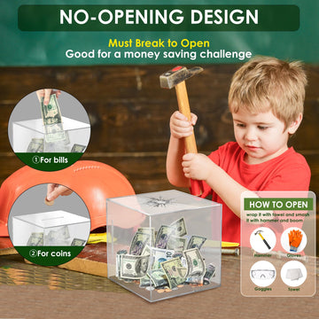 Piggy Bank For Adults Must Break To Open, Vcertcpl Acrylic Clear Piggy Bank Money Saving Box For Cash Saving, Unopenable Adults Piggy Bank For Real Money Bank Coin Bank Change Jar (Clear, 12X12Cm)