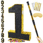 PCFING 20 Inch Number 1 Piata Gold Black with 30 Inch Piata Stick Blindfold Confetti for Man Women Kids Birthday Party Decoratio
