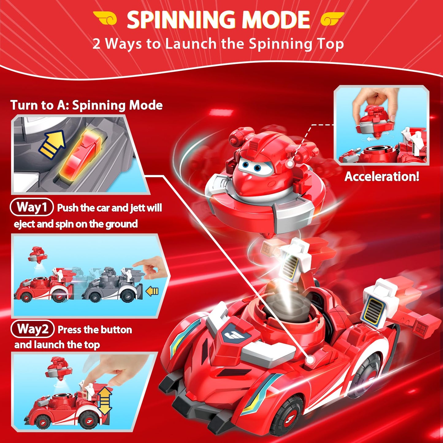 Super Wings Race Car Toys, 5 in Jett Spinning Tops and Race Car Toys for Kids, 2-in-1 Mode Vehicle Toys Cars for 3 4 5 6 7 8 Yea