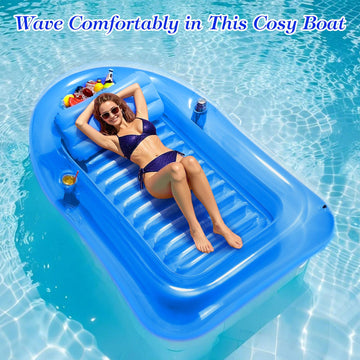 MoKo Inflatable Tanning Pool Lounge Float, 78" x 49", Blue, PVC, with Ice Bar & Cup Holders for Summer Water Parties