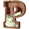 Customized Name Large Wooden Piggy Bank For Kids Boys Girls Alphabets Letter A-Z Coins Bills Money Change Bank Box Initial On Clear Cover (Laser Engraved) (Alphabet-P, Initial-12)