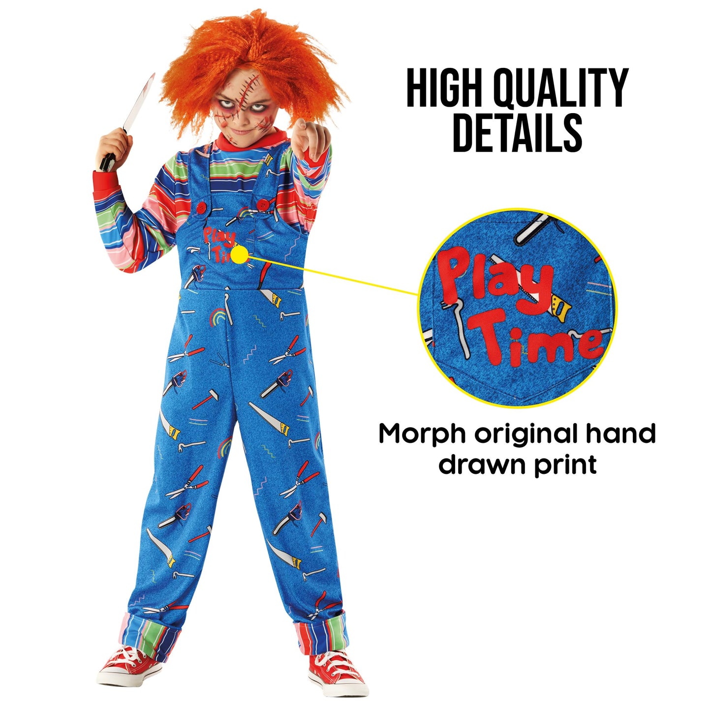 Morph Play Time Killer Costume For Boys - Horror Movie Halloween Costume With Wig For Kids, Large